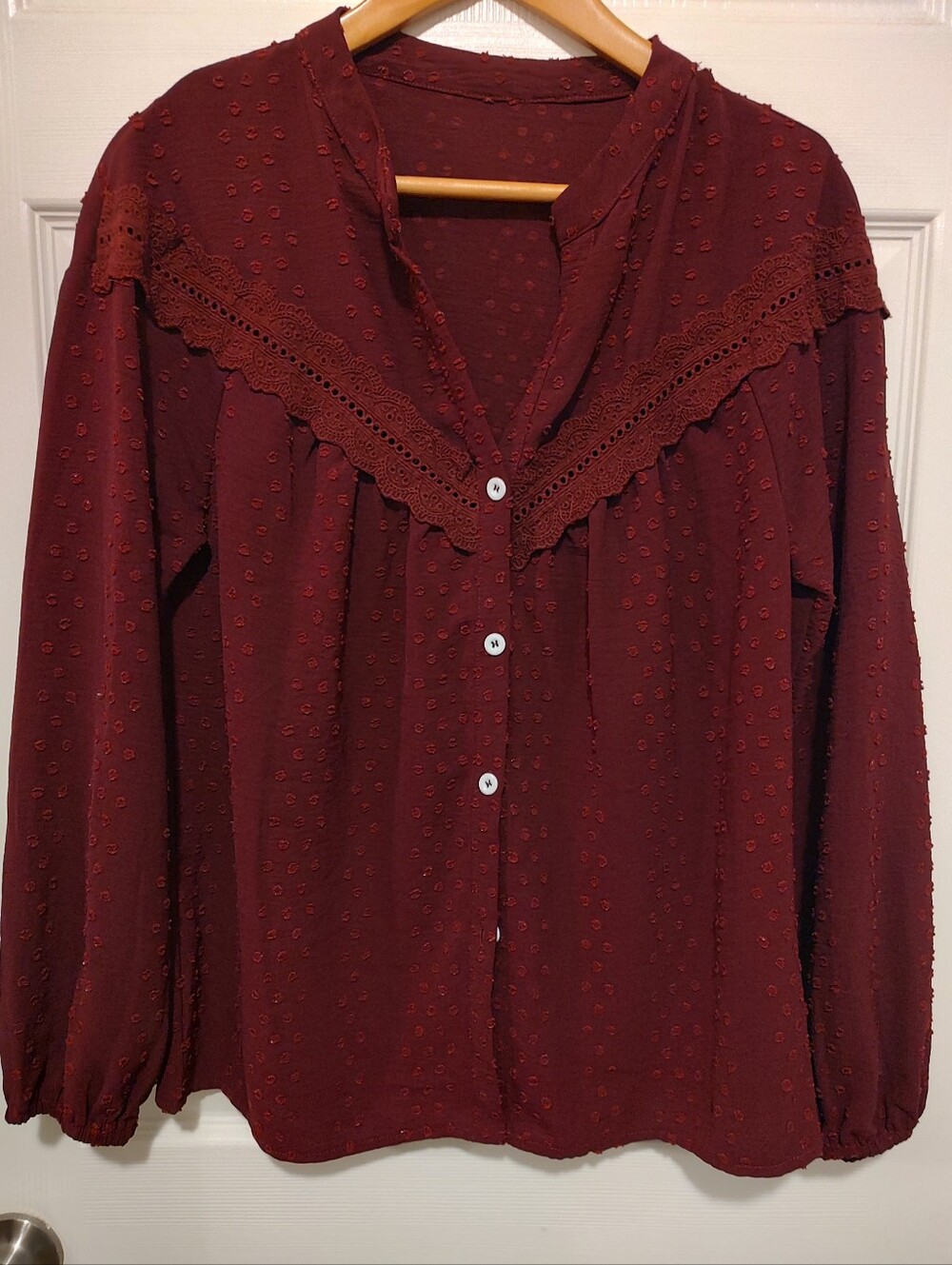 SHEIN Burgundy Swiss Dot Lace-Trim Button Down Shirt
